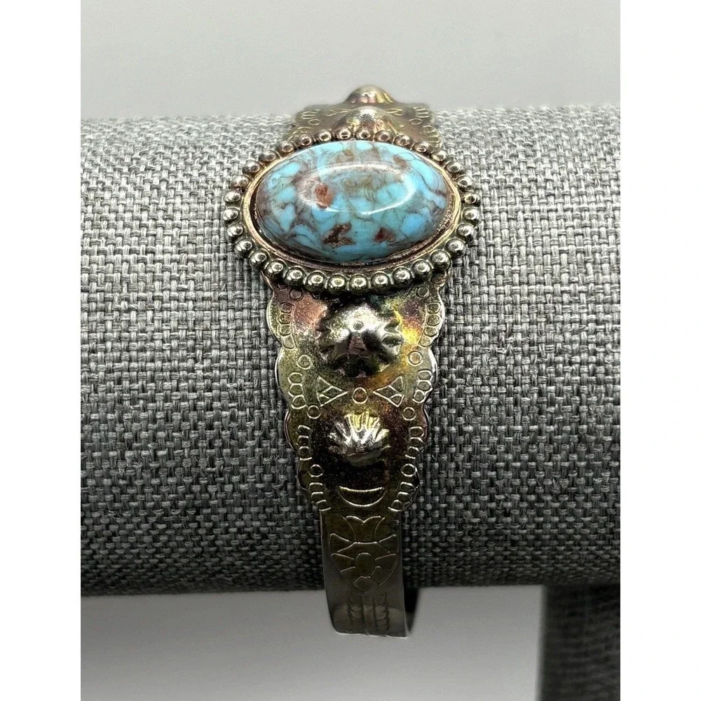 Vintage Southwest Style Faux Turquoise Glass Cabochon Cuff Bracelet Silver Tone